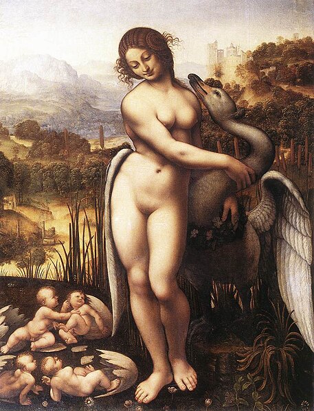 This painting, Leda and the Swan, depicts a scene from Greek mythology where Zeus, transformed into a swan, seduces or embraces Leda, the queen of Sparta. In this intimate portrayal, Leda is shown tenderly interacting with the swan, symbolizing Zeus. The figures are placed in a serene, natural landscape, with soft lighting that enhances the sensuality of the scene.