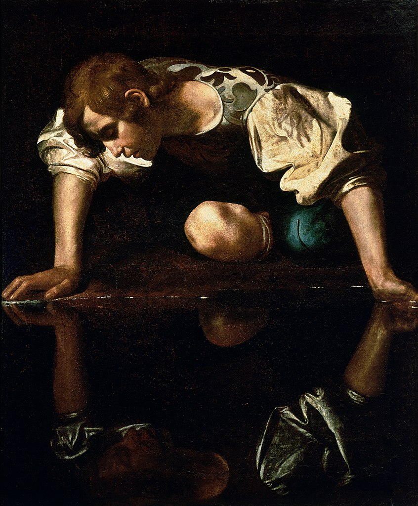 Narcissus unable to stop looking at his own reflection in a pool of water.