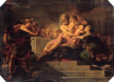 This painting, The Feast of Tantalus, illustrates a scene from Greek mythology involving Tantalus, a king who was punished by the gods for his grievous offenses. The composition captures a moment of deceit, where Tantalus presents a gruesome offering—his son Pelops, whom he had killed and served to the gods in an attempt to test their omniscience. The gods, horrified by the act, realized the nature of the feast and punished Tantalus by condemning him to eternal suffering. The painting’s dramatic lighting highlights the emotional intensity, with figures expressing shock and revulsion. 