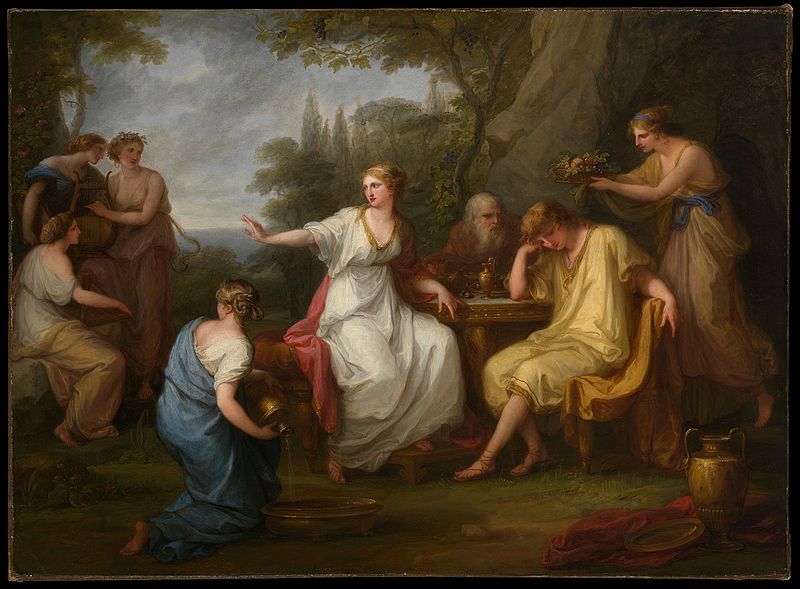 Telemachus and his mother Penelope sitting by a table.