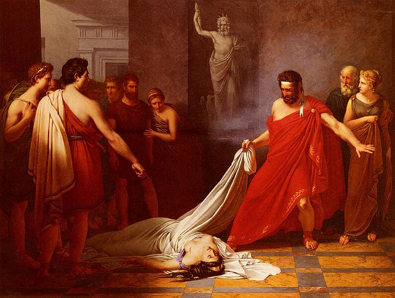 This painting, Aegisthus Discovers the Body of Clytemnestra by Joseph-Benoît Suvée, depicts a pivotal and tragic moment from Greek mythology. Aegisthus, Clytemnestra's lover, stands horrified as he discovers her lifeless body. Clytemnestra, the queen of Mycenae, was killed by her son, Orestes, in revenge for her role in the murder of his father, King Agamemnon. The painting is filled with tension and sorrow, with Aegisthus dramatically gesturing toward the body while the onlookers display shock and grief.