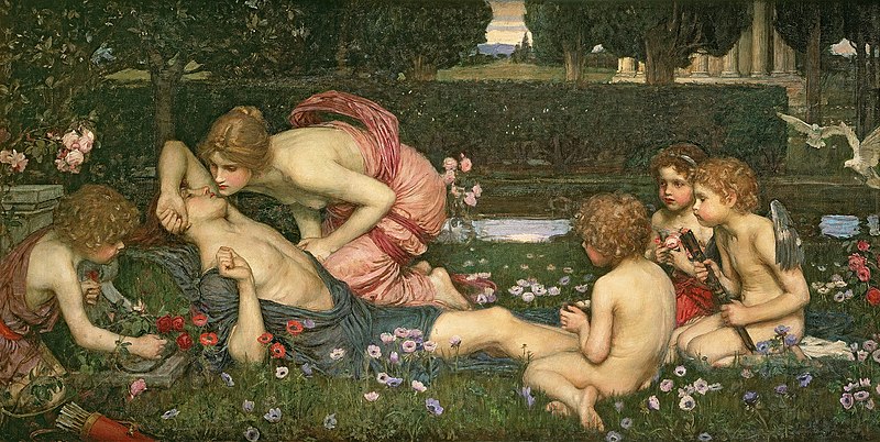 This painting, The Awakening of Adonis by John William Waterhouse, depicts a serene and romantic scene from Greek mythology. Adonis, the handsome mortal beloved by Aphrodite (Venus in Roman mythology), lies in a tranquil garden, surrounded by cherubs and goddesses. Aphrodite, dressed in a soft pink robe, leans tenderly over Adonis, symbolizing her deep affection and connection to him. The cherubs, playfully interacting with flowers and each other, enhance the peaceful and idyllic atmosphere.