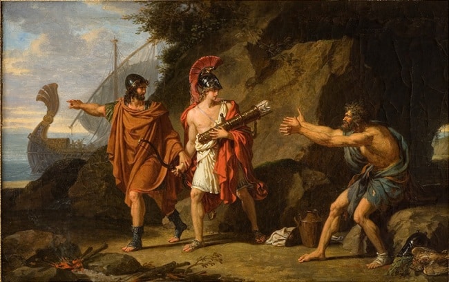This artwork shows a critical moment from Greek mythology where Ulysses (Odysseus) and Neoptolemus (son of Achilles) approach the exiled Philoctetes. They are depicted trying to retrieve the bow and arrows of Heracles, which Philoctetes possesses. These weapons were essential for the Greeks to win the Trojan War, and although Philoctetes was abandoned due to his wound, his possession of these tools made him indispensable. The dramatic tension is evident as Philoctetes extends his arms, possibly in pain or protest, emphasizing his suffering and isolation. The scene showcases the cunning of Odysseus and the necessity of Philoctetes’ return to the Greek cause.