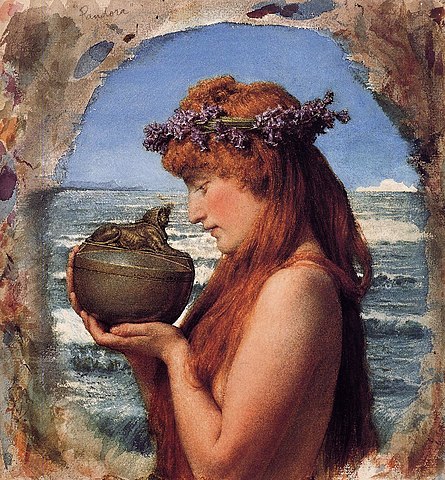 Water color painting of Pandora looking apprehensively at the vessel before opening it.