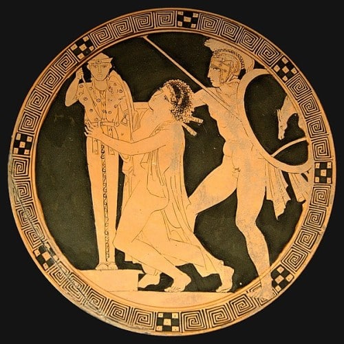 Ajax the Lesser taking Cassandra, tondo of an Attic red-figure kylix by the Kodros Painter, c. 440–430 BC. Louvre, Paris
